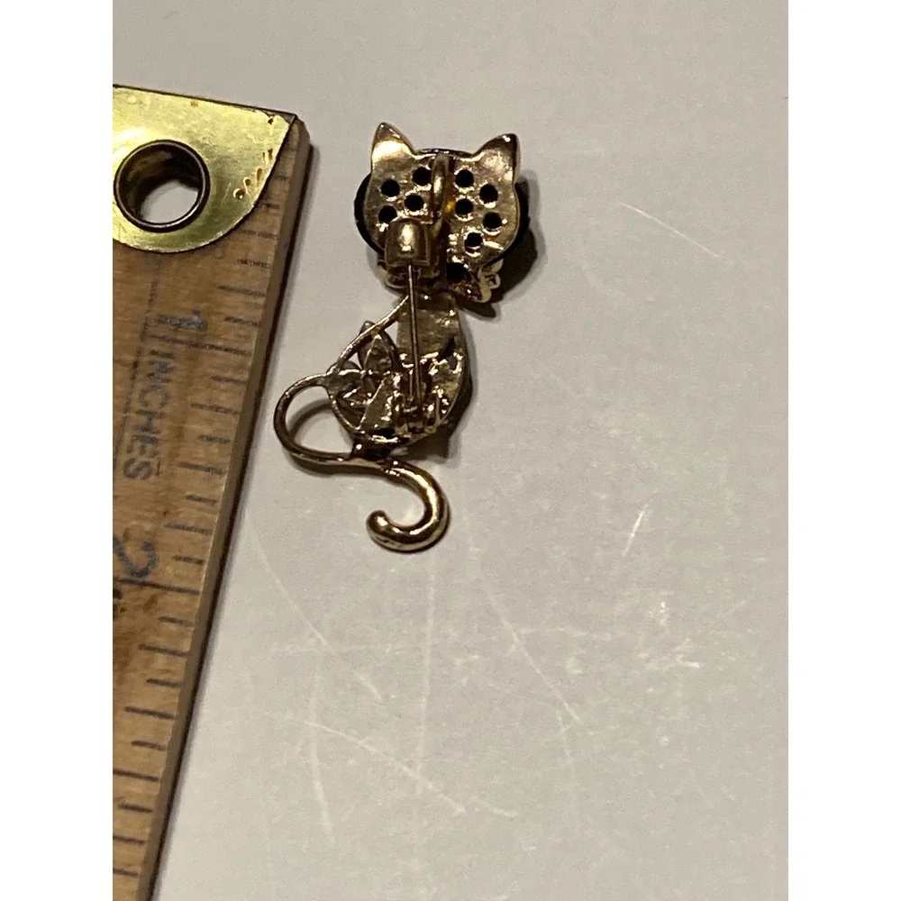 Vintage Style Gold Tone Black Cat Brooch Rhinestone Tail
